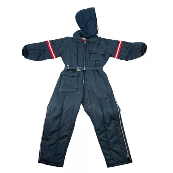 Vintage JCPenney Mens Snowmobile Snow Suit Snowsuit Size Med Navy Blue With Hood